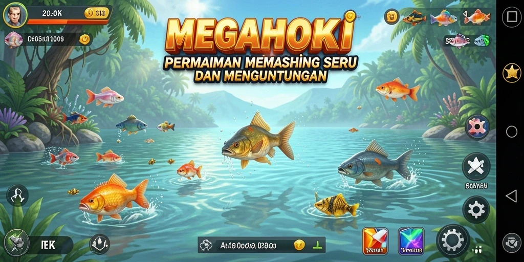Gameplay seru MEGAHOKI dengan berbagai ikan yang bisa ditangkap.