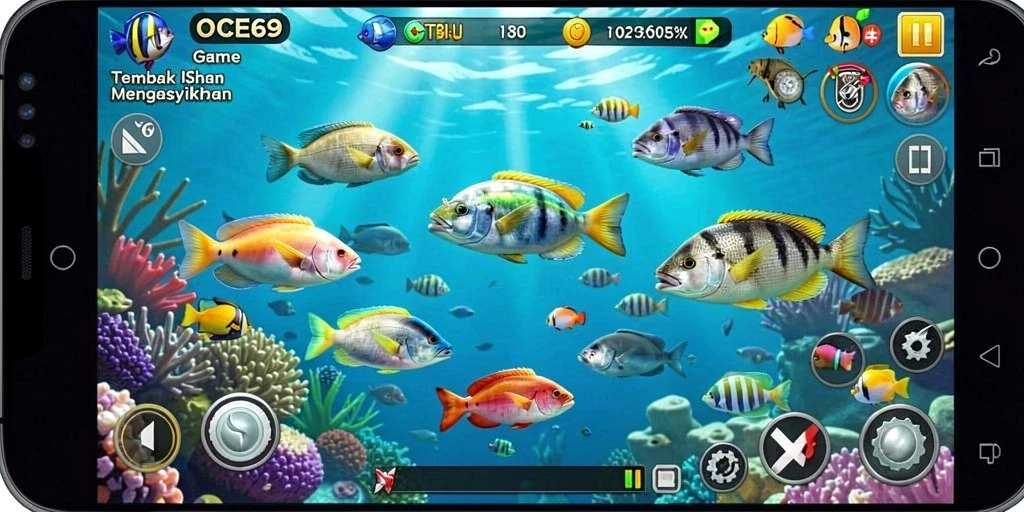 Screenshot gameplay OCE69 menampilkan aksi seru dalam berburu ikan.