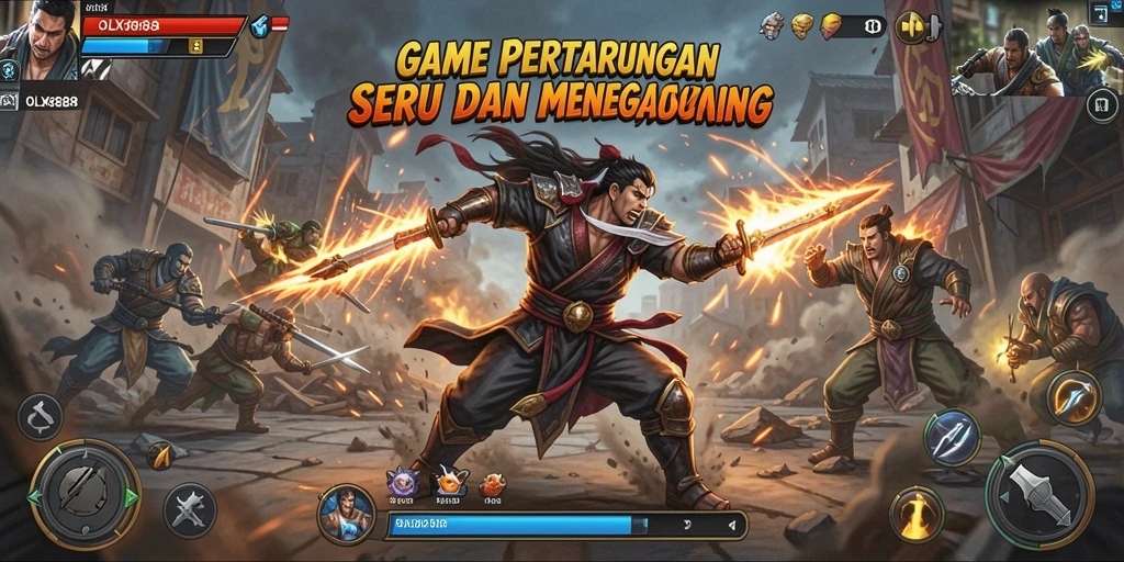 Screenshot utama OLX888 menampilkan aksi pertarungan dramatis dalam permainan.
